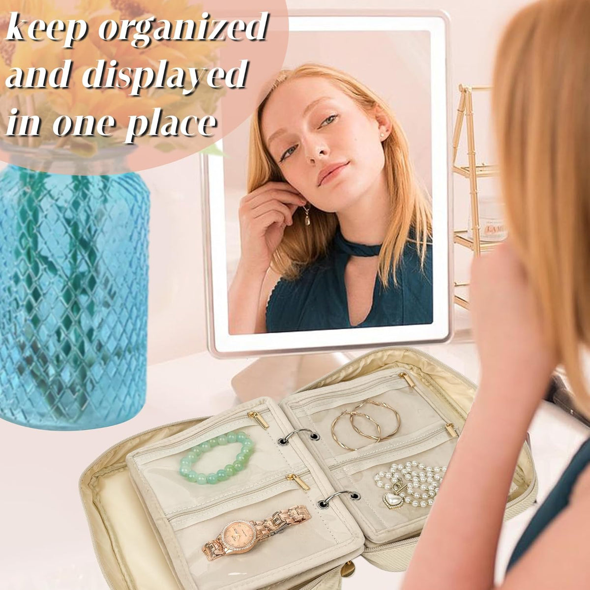Travel Jewelry Organizer Case,Small Jewelry Bags for Traveling, Jewelry Binder with 24 Pcs Clear Zipper Velvet Pouches (Pink)