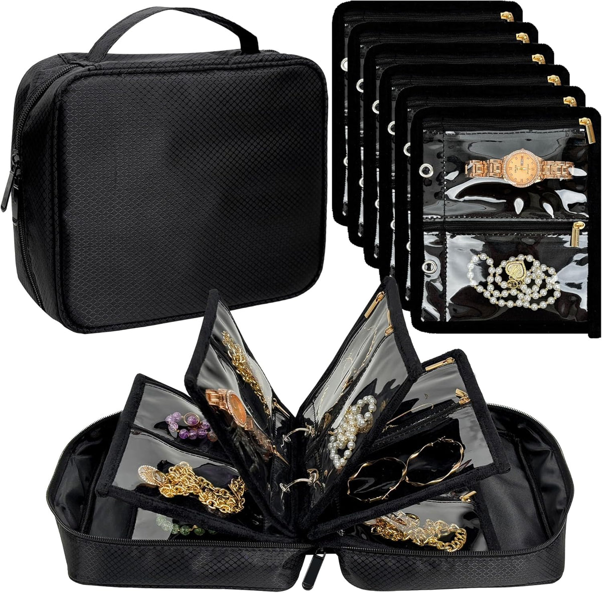 Travel Jewelry Organizer Case,Small Jewelry Bags for Traveling, Jewelry Binder with 24 Pcs Clear Zipper Velvet Pouches (Pink)