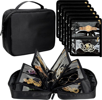 Travel Jewelry Organizer Case,Small Jewelry Bags for Traveling, Jewelry Binder with 24 Pcs Clear Zipper Velvet Pouches (Pink)