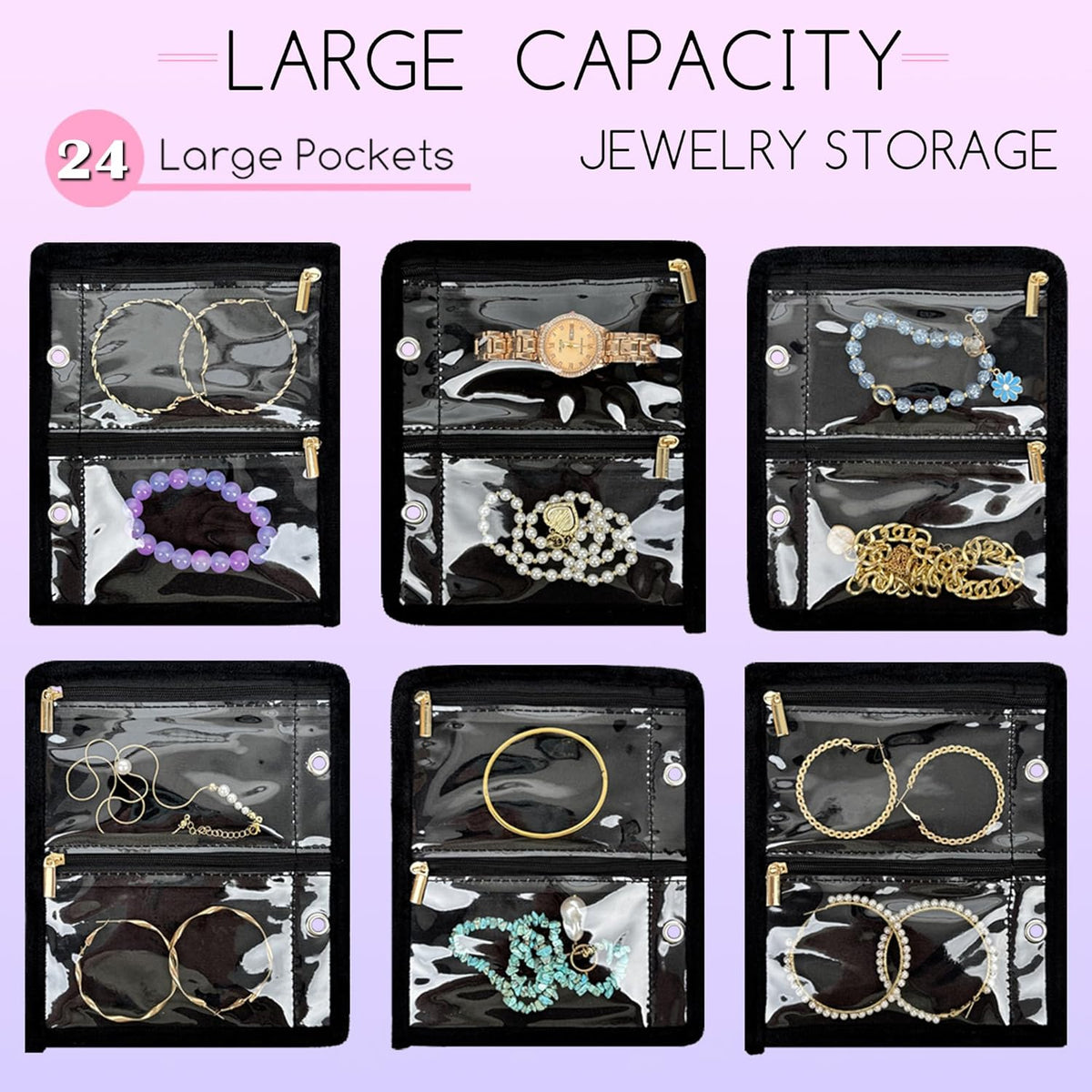Travel Jewelry Organizer Case,Small Jewelry Bags for Traveling, Jewelry Binder with 24 Pcs Clear Zipper Velvet Pouches (Pink)