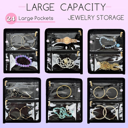 Travel Jewelry Organizer Case,Small Jewelry Bags for Traveling, Jewelry Binder with 24 Pcs Clear Zipper Velvet Pouches (Pink)
