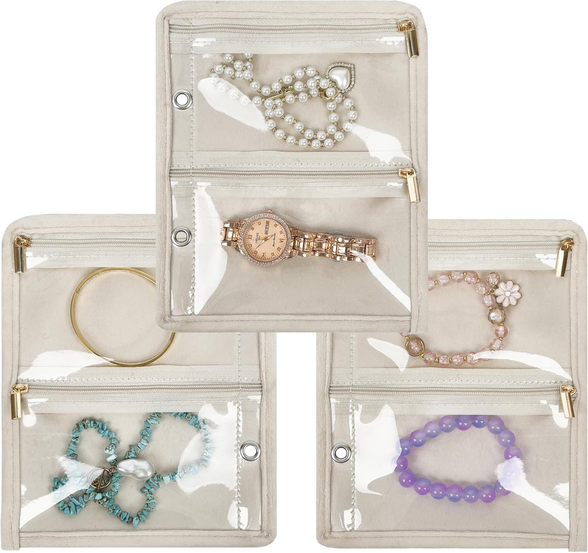 Travel Jewelry Organizer Case,Small Jewelry Bags for Traveling, Jewelry Binder with 24 Pcs Clear Zipper Velvet Pouches (Pink)