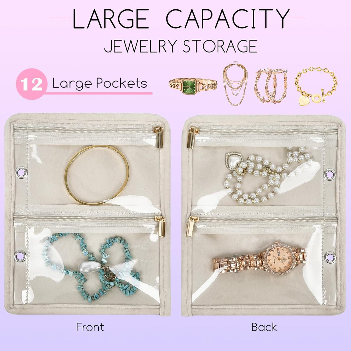 Travel Jewelry Organizer Case,Small Jewelry Bags for Traveling, Jewelry Binder with 24 Pcs Clear Zipper Velvet Pouches (Pink)
