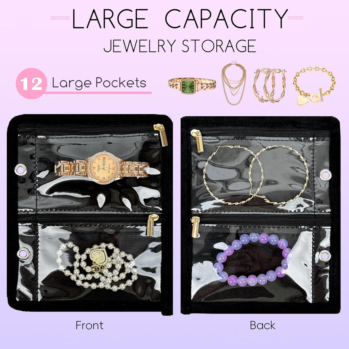 Travel Jewelry Organizer Case,Small Jewelry Bags for Traveling, Jewelry Binder with 24 Pcs Clear Zipper Velvet Pouches (Pink)