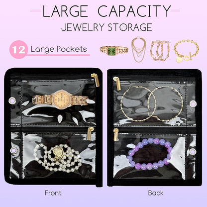 Travel Jewelry Organizer Case,Small Jewelry Bags for Traveling, Jewelry Binder with 24 Pcs Clear Zipper Velvet Pouches (Pink)