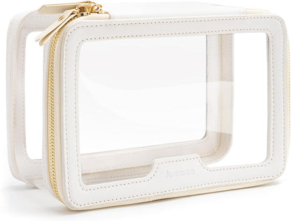Clear Makeup Bag, Large Transparent Cosmetic Pouch with Dual Zippers, Travel Toiletry Case Car Organization for Women Enssantials (Off-White)