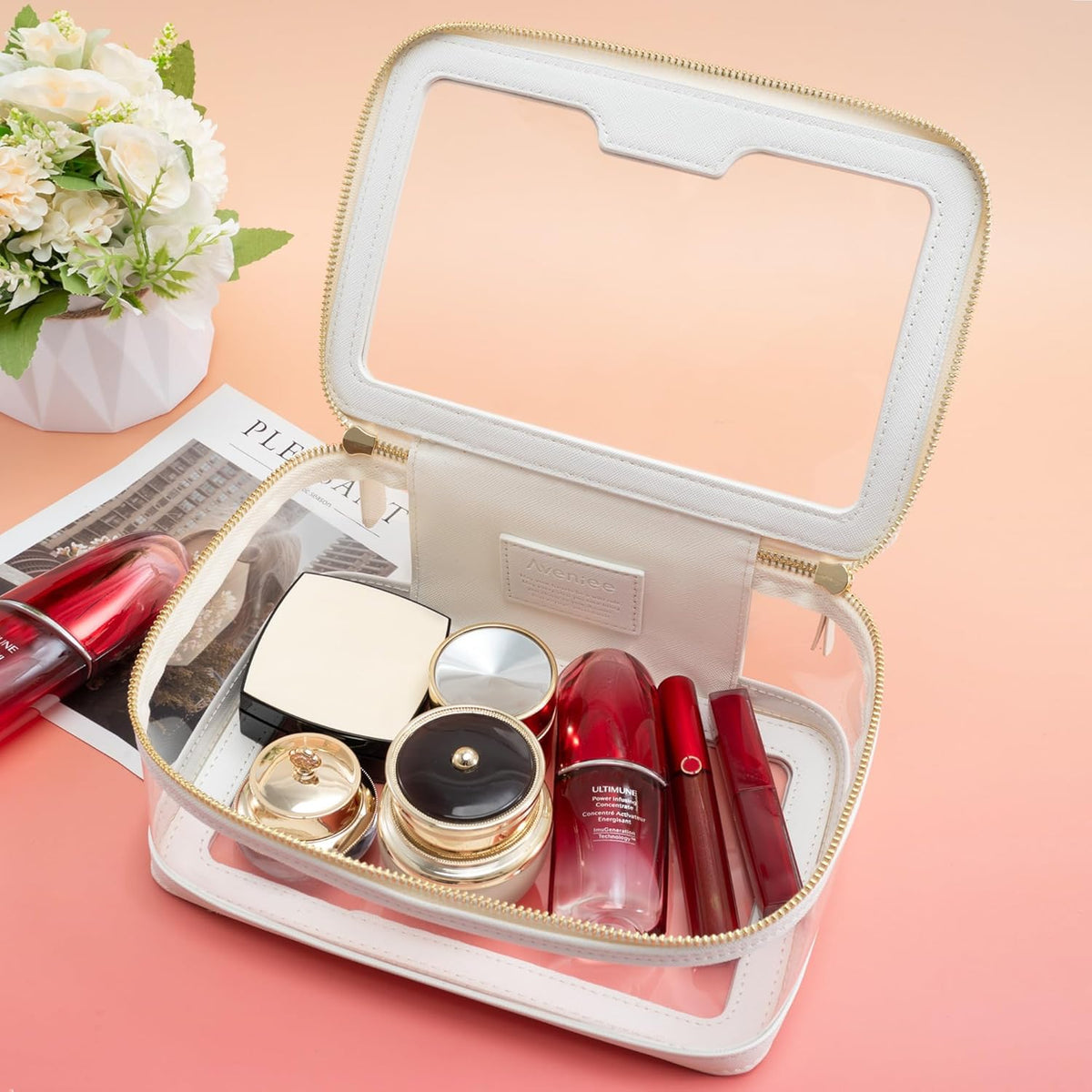 Clear Makeup Bag, Large Transparent Cosmetic Pouch with Dual Zippers, Travel Toiletry Case Car Organization for Women Enssantials (Off-White)