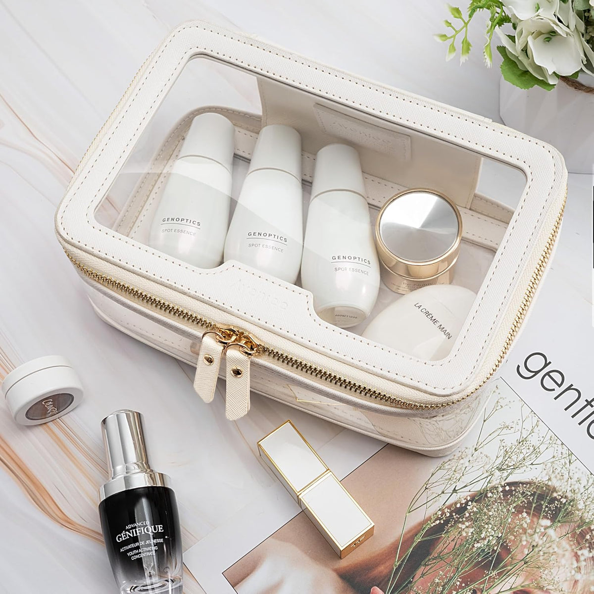 Clear Makeup Bag, Large Transparent Cosmetic Pouch with Dual Zippers, Travel Toiletry Case Car Organization for Women Enssantials (Off-White)