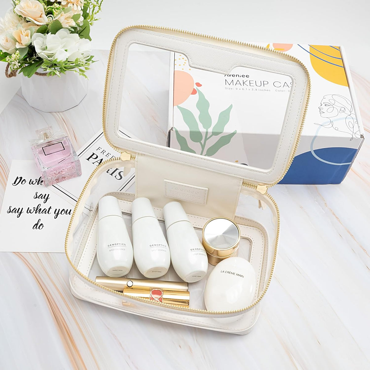Clear Makeup Bag, Large Transparent Cosmetic Pouch with Dual Zippers, Travel Toiletry Case Car Organization for Women Enssantials (Off-White)
