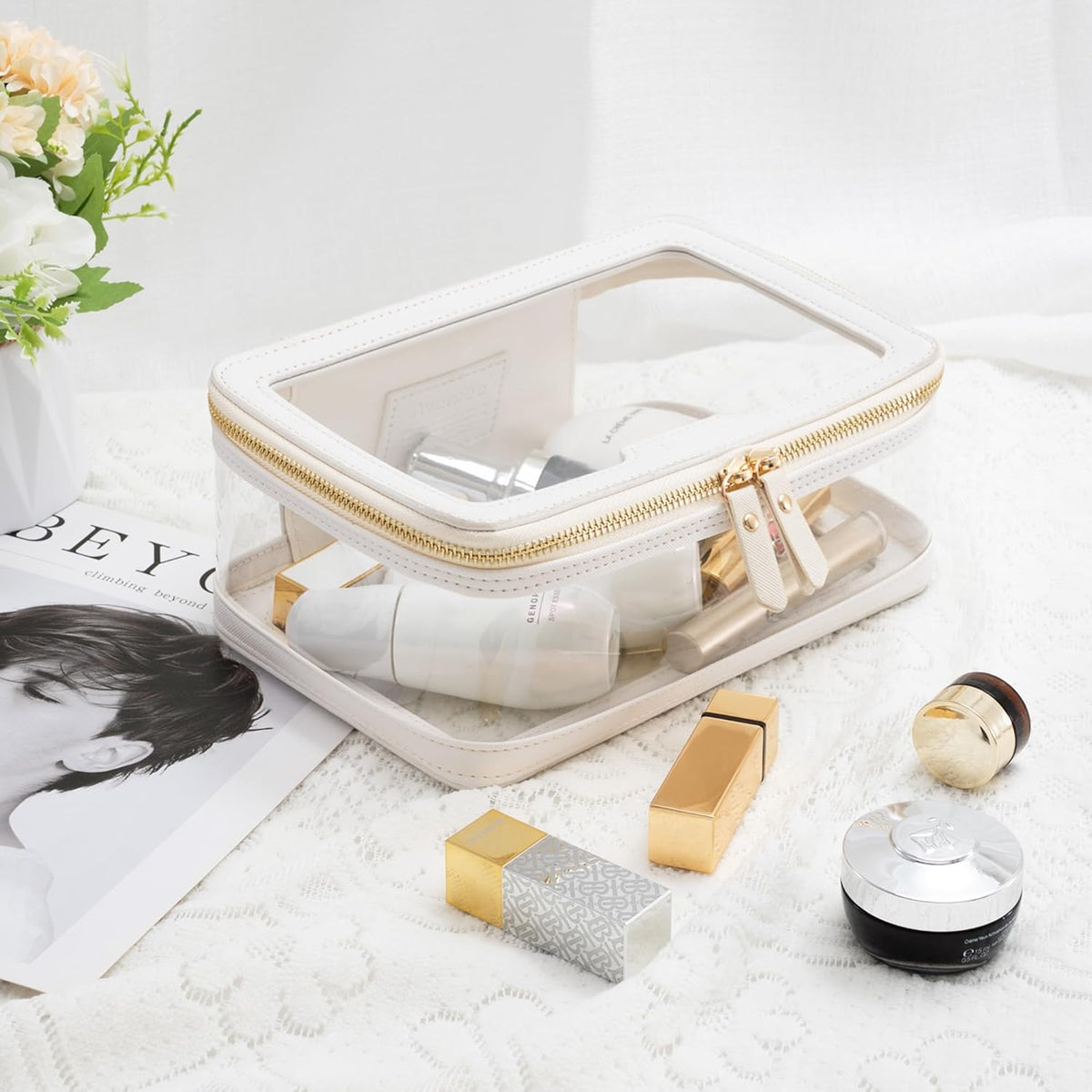 Clear Makeup Bag, Large Transparent Cosmetic Pouch with Dual Zippers, Travel Toiletry Case Car Organization for Women Enssantials (Off-White)