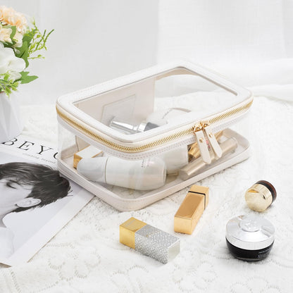 Clear Makeup Bag, Large Transparent Cosmetic Pouch with Dual Zippers, Travel Toiletry Case Car Organization for Women Enssantials (Off-White)