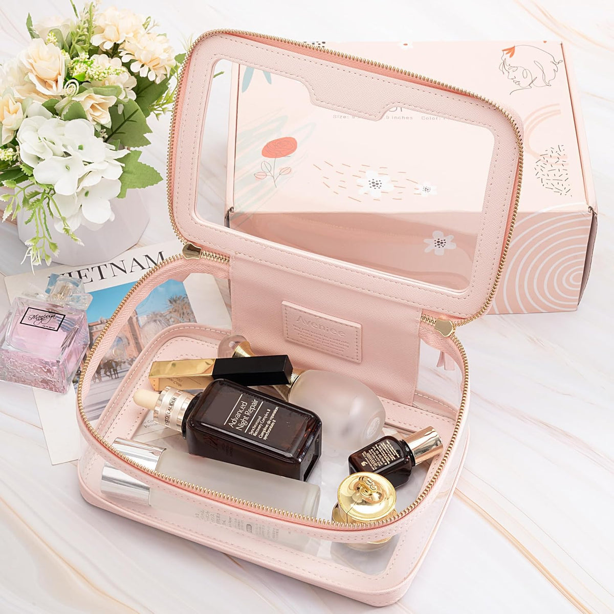 Clear Makeup Bag, Large Transparent Cosmetic Pouch with Dual Zippers, Travel Toiletry Case Car Organization for Women Enssantials (Off-White)