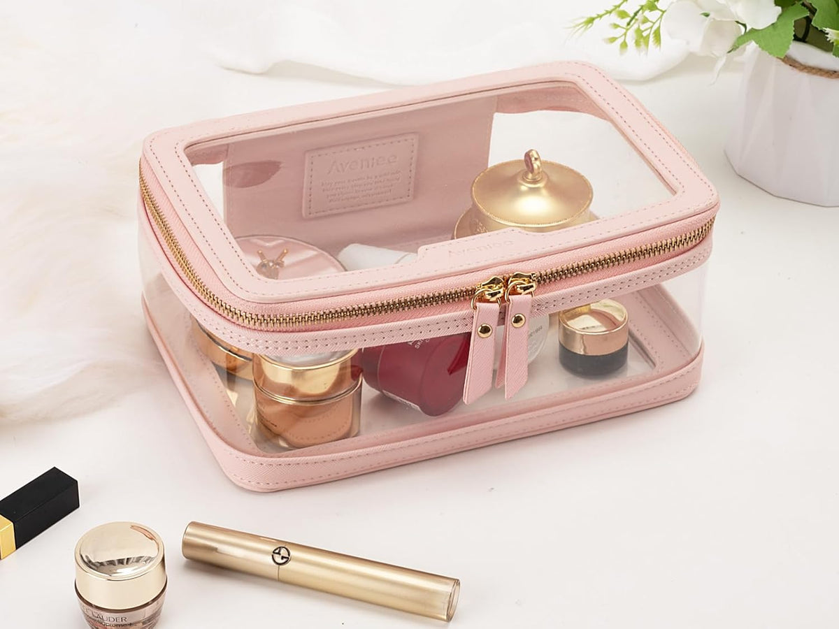 Clear Makeup Bag, Large Transparent Cosmetic Pouch with Dual Zippers, Travel Toiletry Case Car Organization for Women Enssantials (Off-White)