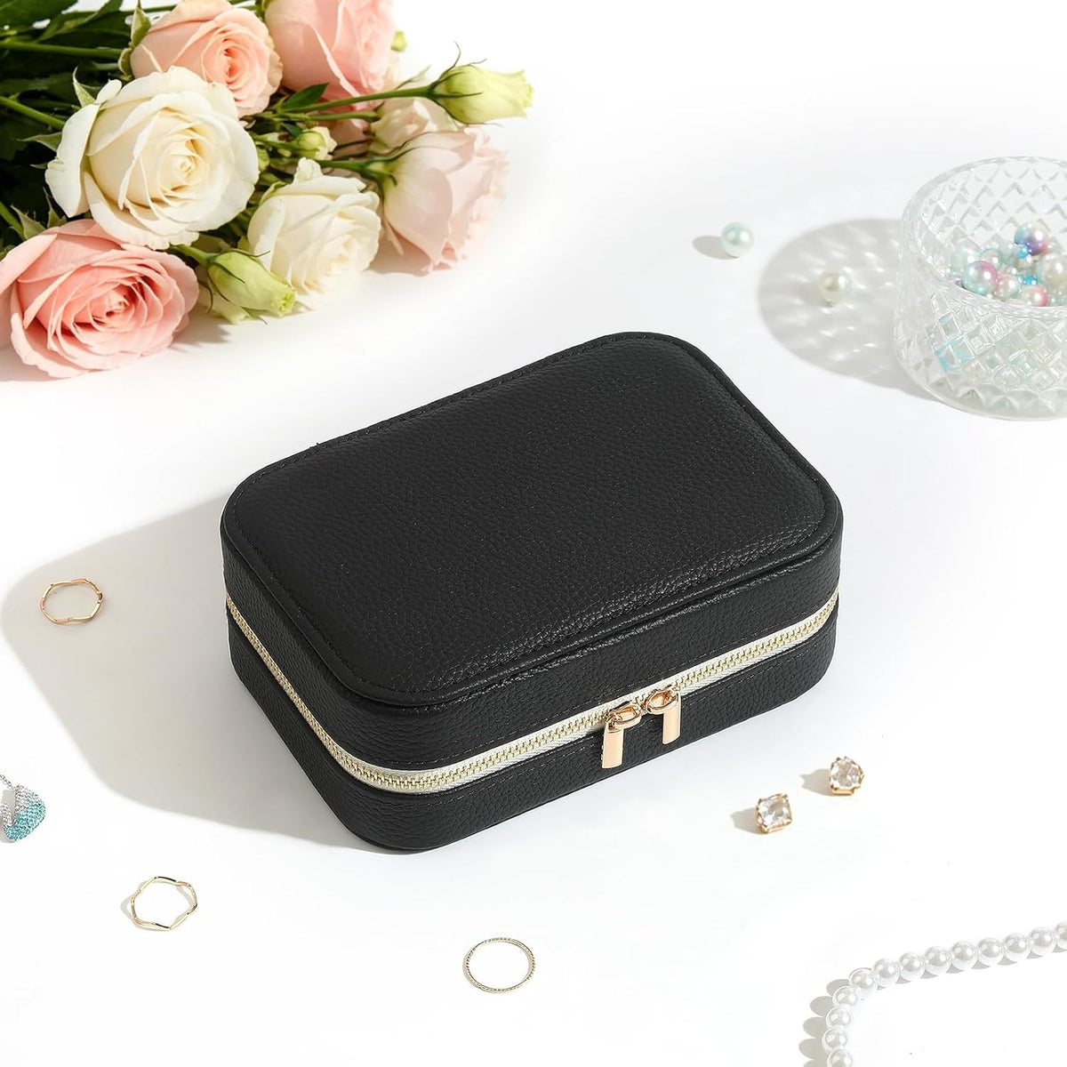 Genuine Leather Travel Jewelry Organizer Case for Women, Small Mini Portable Jewelry Box for Ring Earrings Necklace Bracelet Luxury Gift for Women Yellow