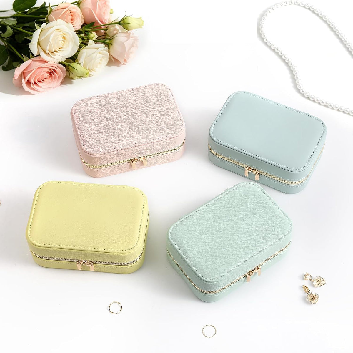 Genuine Leather Travel Jewelry Organizer Case for Women, Small Mini Portable Jewelry Box for Ring Earrings Necklace Bracelet Luxury Gift for Women Yellow
