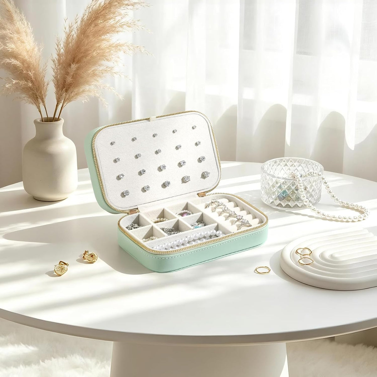 Genuine Leather Travel Jewelry Organizer Case for Women, Small Mini Portable Jewelry Box for Ring Earrings Necklace Bracelet Luxury Gift for Women Yellow