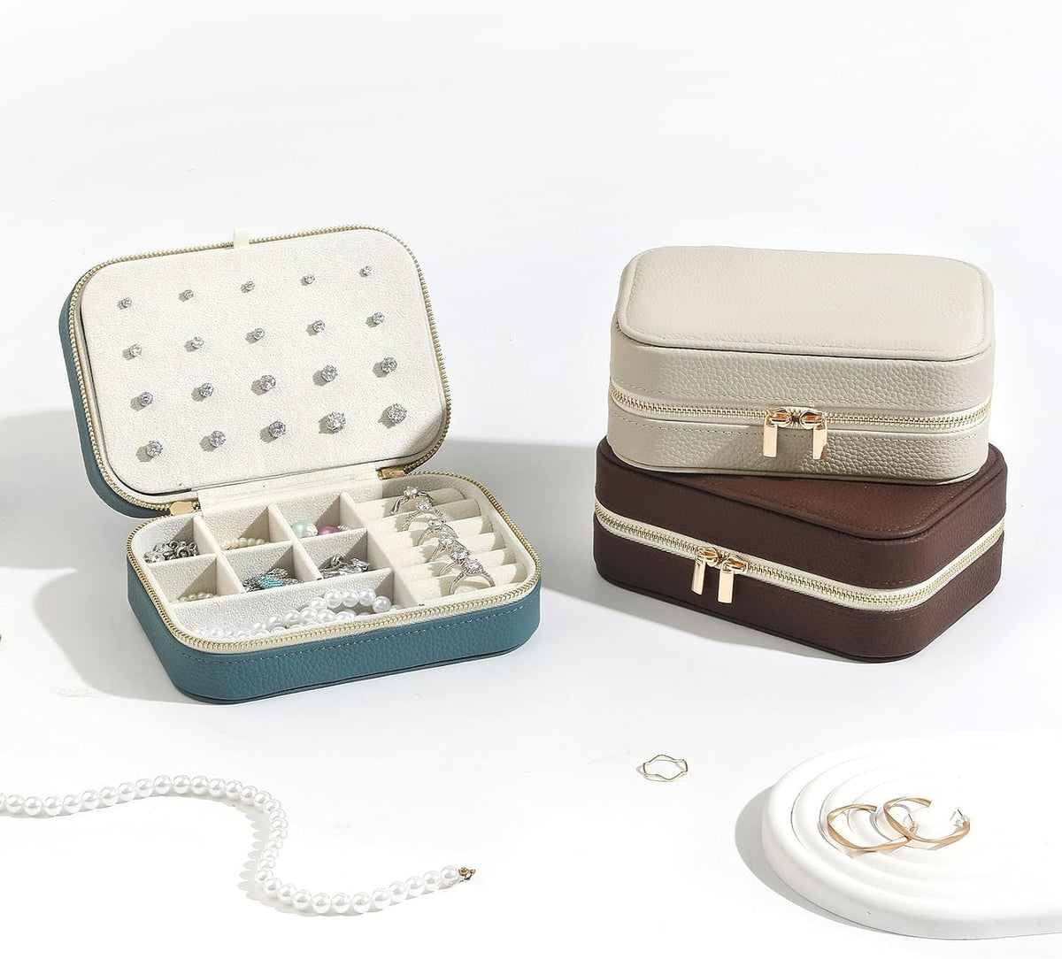 Genuine Leather Travel Jewelry Organizer Case for Women, Small Mini Portable Jewelry Box for Ring Earrings Necklace Bracelet Luxury Gift for Women Yellow
