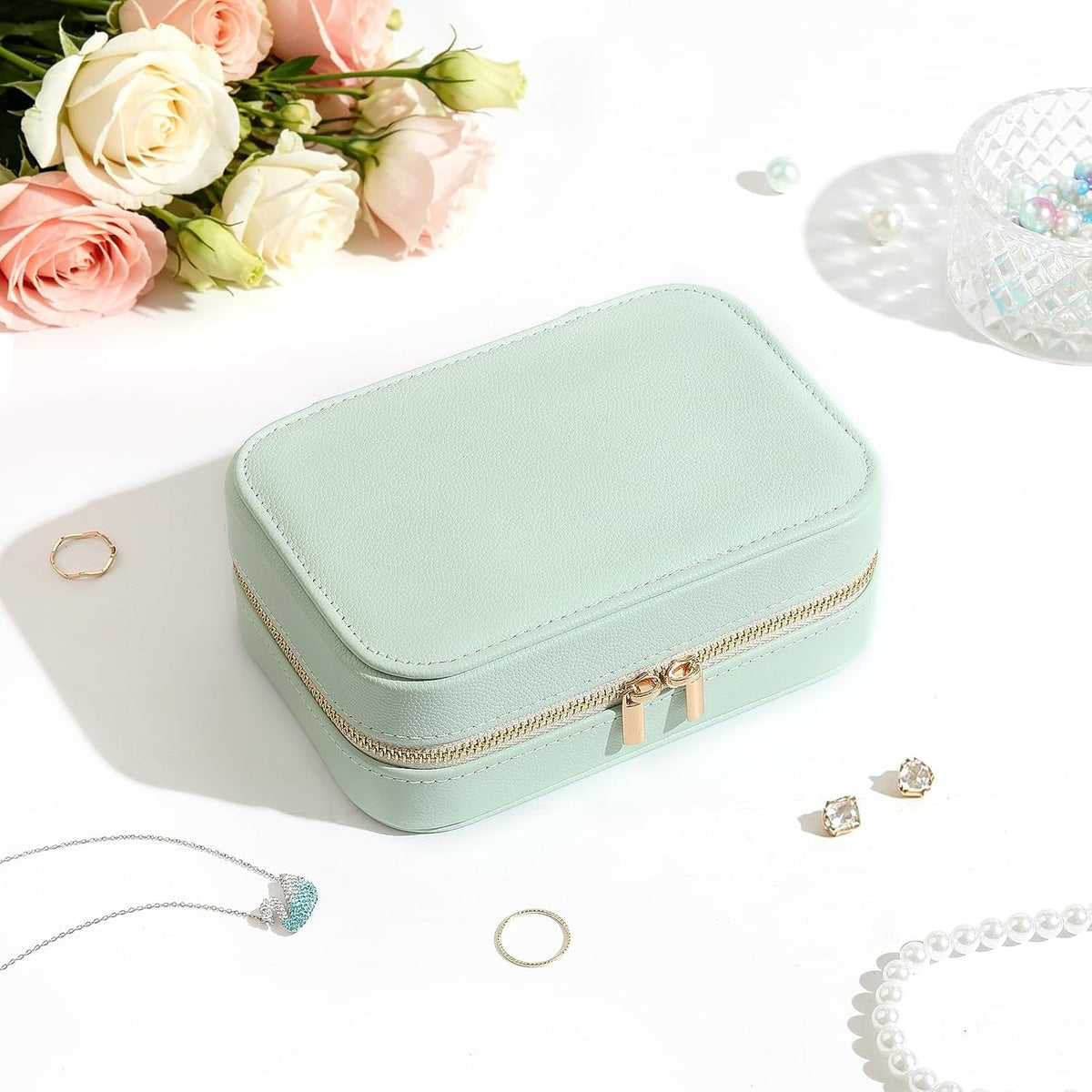 Genuine Leather Travel Jewelry Organizer Case for Women, Small Mini Portable Jewelry Box for Ring Earrings Necklace Bracelet Luxury Gift for Women Yellow