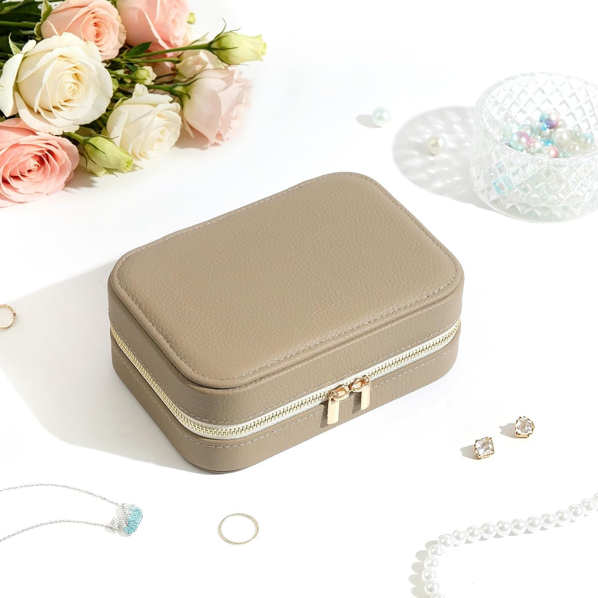 Genuine Leather Travel Jewelry Organizer Case for Women, Small Mini Portable Jewelry Box for Ring Earrings Necklace Bracelet Luxury Gift for Women Yellow