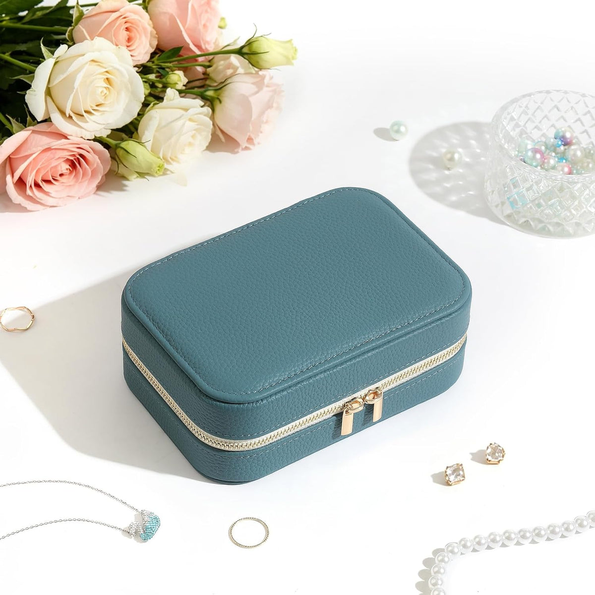 Genuine Leather Travel Jewelry Organizer Case for Women, Small Mini Portable Jewelry Box for Ring Earrings Necklace Bracelet Luxury Gift for Women Yellow