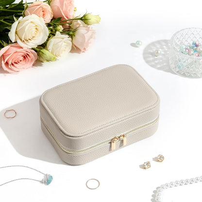 Genuine Leather Travel Jewelry Organizer Case for Women, Small Mini Portable Jewelry Box for Ring Earrings Necklace Bracelet Luxury Gift for Women Yellow