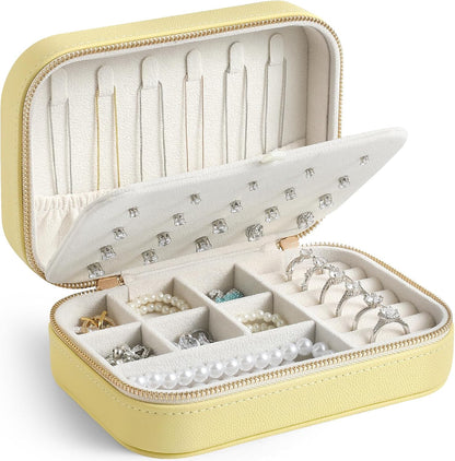Genuine Leather Travel Jewelry Organizer Case for Women, Small Mini Portable Jewelry Box for Ring Earrings Necklace Bracelet Luxury Gift for Women Yellow