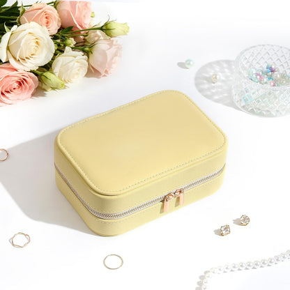 Genuine Leather Travel Jewelry Organizer Case for Women, Small Mini Portable Jewelry Box for Ring Earrings Necklace Bracelet Luxury Gift for Women Yellow