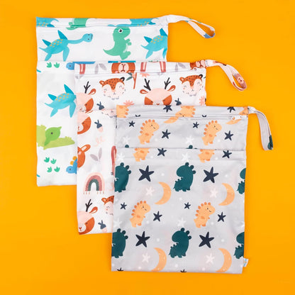 Wet Dry Bags 3 Pack, Waterproof Reusable Travel Bags for Swimsuits, Baby Cloth Diapers, Beach, Pool, Gym Bag & Wet Clothes with 2 Pockets L-BWG - Colors B