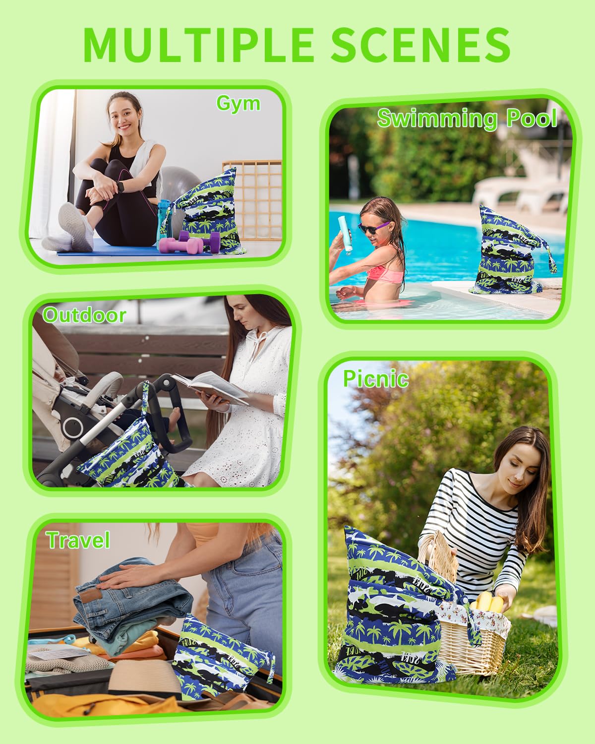 Wet Dry Bags 3 Pack, Waterproof Reusable Travel Bags for Swimsuits, Baby Cloth Diapers, Beach, Pool, Gym Bag & Wet Clothes with 2 Pockets L-BWG - Colors B