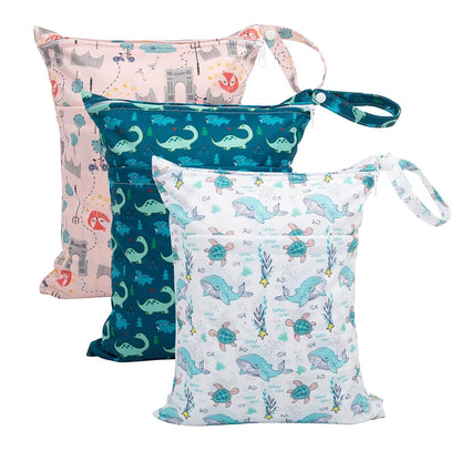 Wet Dry Bags 3 Pack, Waterproof Reusable Travel Bags for Swimsuits, Baby Cloth Diapers, Beach, Pool, Gym Bag & Wet Clothes with 2 Pockets L-BWG - Colors B
