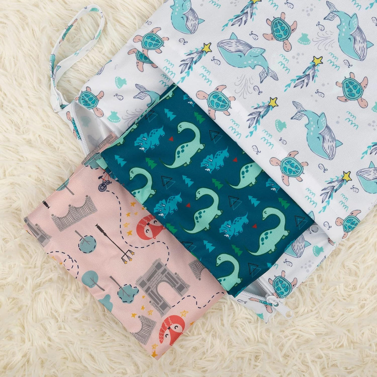 Wet Dry Bags 3 Pack, Waterproof Reusable Travel Bags for Swimsuits, Baby Cloth Diapers, Beach, Pool, Gym Bag & Wet Clothes with 2 Pockets L-BWG - Colors B