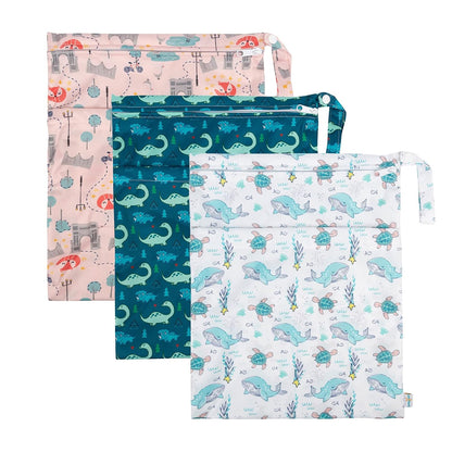 Wet Dry Bags 3 Pack, Waterproof Reusable Travel Bags for Swimsuits, Baby Cloth Diapers, Beach, Pool, Gym Bag & Wet Clothes with 2 Pockets L-BWG - Colors B