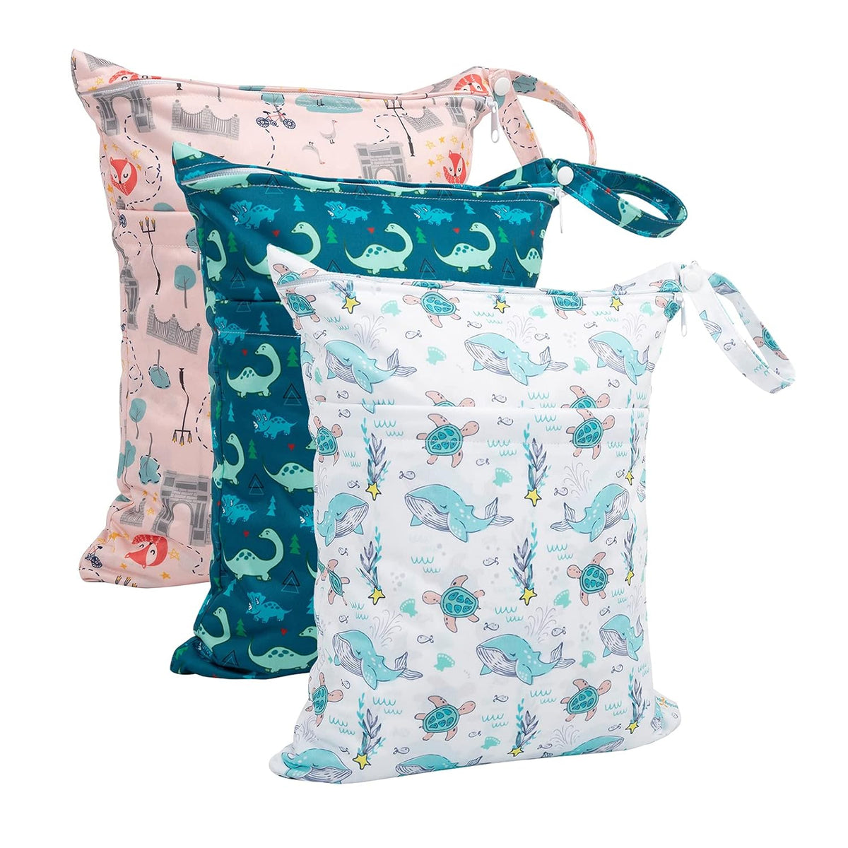 Wet Dry Bags 3 Pack, Waterproof Reusable Travel Bags for Swimsuits, Baby Cloth Diapers, Beach, Pool, Gym Bag & Wet Clothes with 2 Pockets L-BWG - Colors B