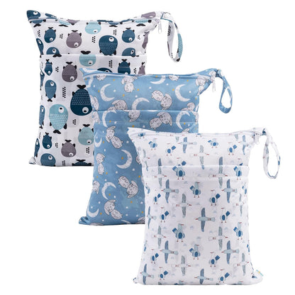 Wet Dry Bags 3 Pack, Waterproof Reusable Travel Bags for Swimsuits, Baby Cloth Diapers, Beach, Pool, Gym Bag & Wet Clothes with 2 Pockets L-BWG - Colors B