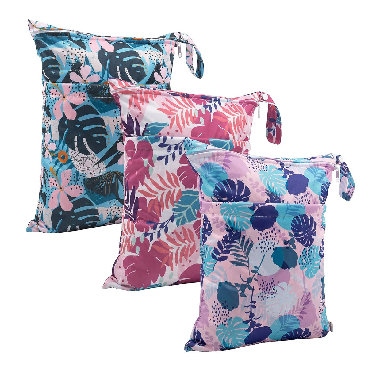 Wet Dry Bags 3 Pack, Waterproof Reusable Travel Bags for Swimsuits, Baby Cloth Diapers, Beach, Pool, Gym Bag & Wet Clothes with 2 Pockets L-BWG - Colors B