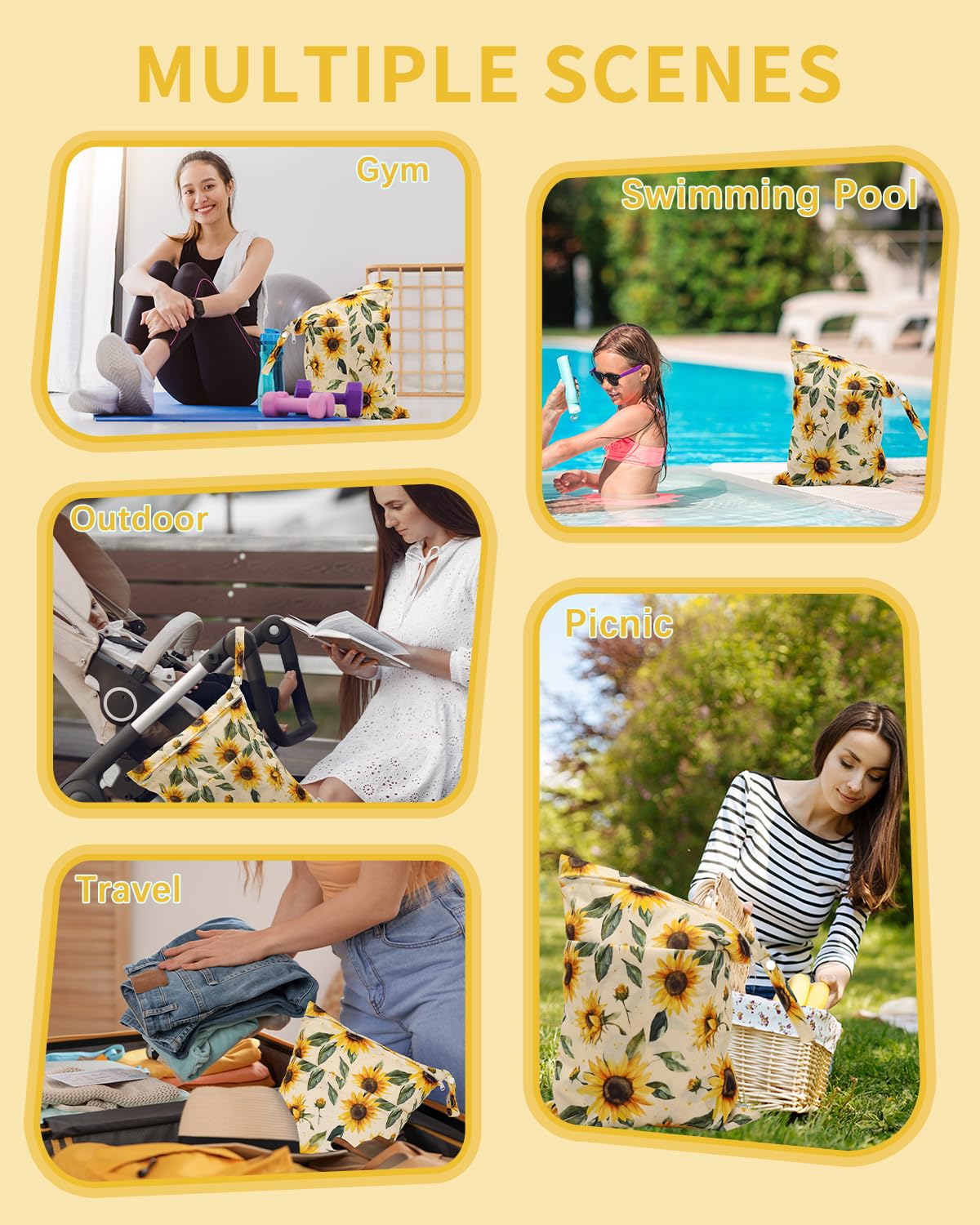 Wet Dry Bags 3 Pack, Waterproof Reusable Travel Bags for Swimsuits, Baby Cloth Diapers, Beach, Pool, Gym Bag & Wet Clothes with 2 Pockets L-BWG - Colors B