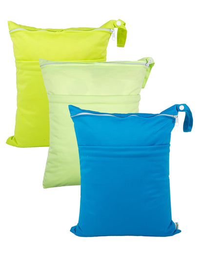 Wet Dry Bags 3 Pack, Waterproof Reusable Travel Bags for Swimsuits, Baby Cloth Diapers, Beach, Pool, Gym Bag & Wet Clothes with 2 Pockets L-BWG - Colors B