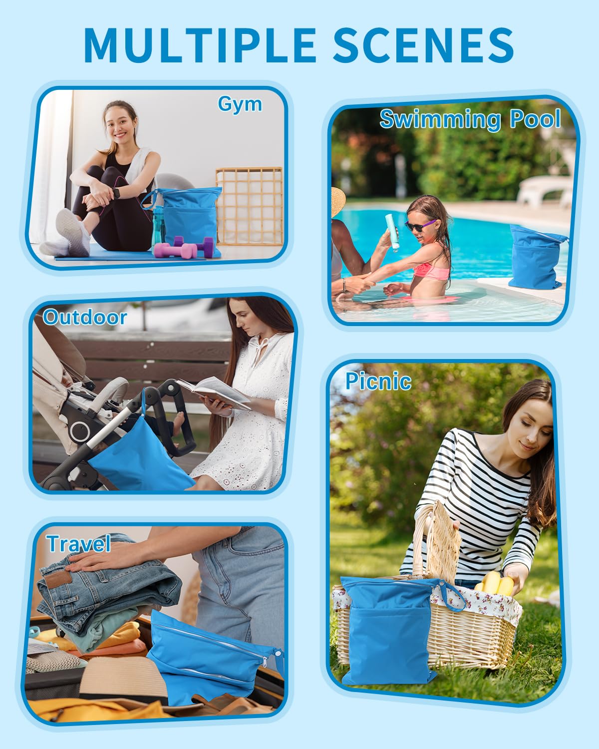 Wet Dry Bags 3 Pack, Waterproof Reusable Travel Bags for Swimsuits, Baby Cloth Diapers, Beach, Pool, Gym Bag & Wet Clothes with 2 Pockets L-BWG - Colors B