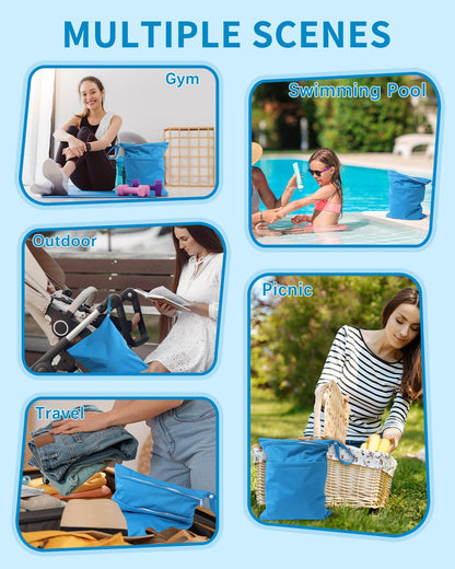 Wet Dry Bags 3 Pack, Waterproof Reusable Travel Bags for Swimsuits, Baby Cloth Diapers, Beach, Pool, Gym Bag & Wet Clothes with 2 Pockets L-BWG - Colors B