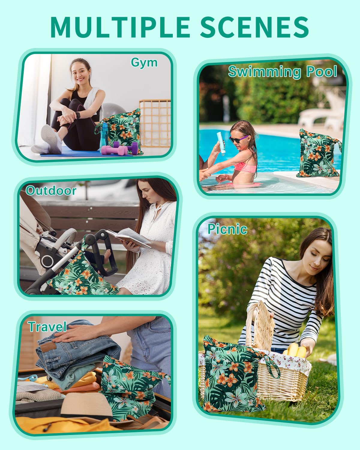 Wet Dry Bags 3 Pack, Waterproof Reusable Travel Bags for Swimsuits, Baby Cloth Diapers, Beach, Pool, Gym Bag & Wet Clothes with 2 Pockets L-BWG - Colors B