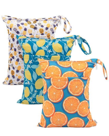 Wet Dry Bags 3 Pack, Waterproof Reusable Travel Bags for Swimsuits, Baby Cloth Diapers, Beach, Pool, Gym Bag & Wet Clothes with 2 Pockets L-BWG - Colors B