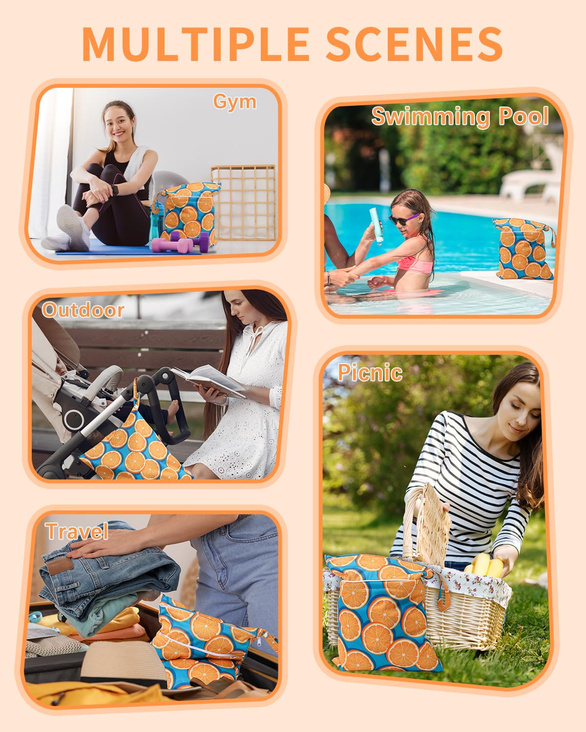 Wet Dry Bags 3 Pack, Waterproof Reusable Travel Bags for Swimsuits, Baby Cloth Diapers, Beach, Pool, Gym Bag & Wet Clothes with 2 Pockets L-BWG - Colors B