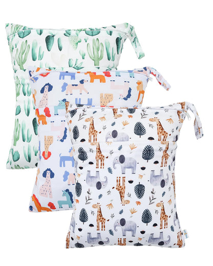 Wet Dry Bags 3 Pack, Waterproof Reusable Travel Bags for Swimsuits, Baby Cloth Diapers, Beach, Pool, Gym Bag & Wet Clothes with 2 Pockets L-BWG - Colors B