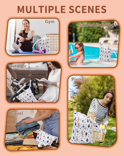 Wet Dry Bags 3 Pack, Waterproof Reusable Travel Bags for Swimsuits, Baby Cloth Diapers, Beach, Pool, Gym Bag & Wet Clothes with 2 Pockets L-BWG - Colors B