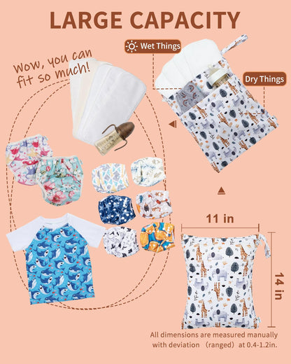 Wet Dry Bags 3 Pack, Waterproof Reusable Travel Bags for Swimsuits, Baby Cloth Diapers, Beach, Pool, Gym Bag & Wet Clothes with 2 Pockets L-BWG - Colors B