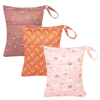 Wet Dry Bags 3 Pack, Waterproof Reusable Travel Bags for Swimsuits, Baby Cloth Diapers, Beach, Pool, Gym Bag & Wet Clothes with 2 Pockets L-BWG - Colors B