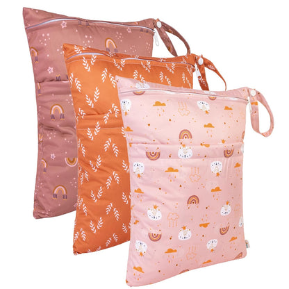 Wet Dry Bags 3 Pack, Waterproof Reusable Travel Bags for Swimsuits, Baby Cloth Diapers, Beach, Pool, Gym Bag & Wet Clothes with 2 Pockets L-BWG - Colors B