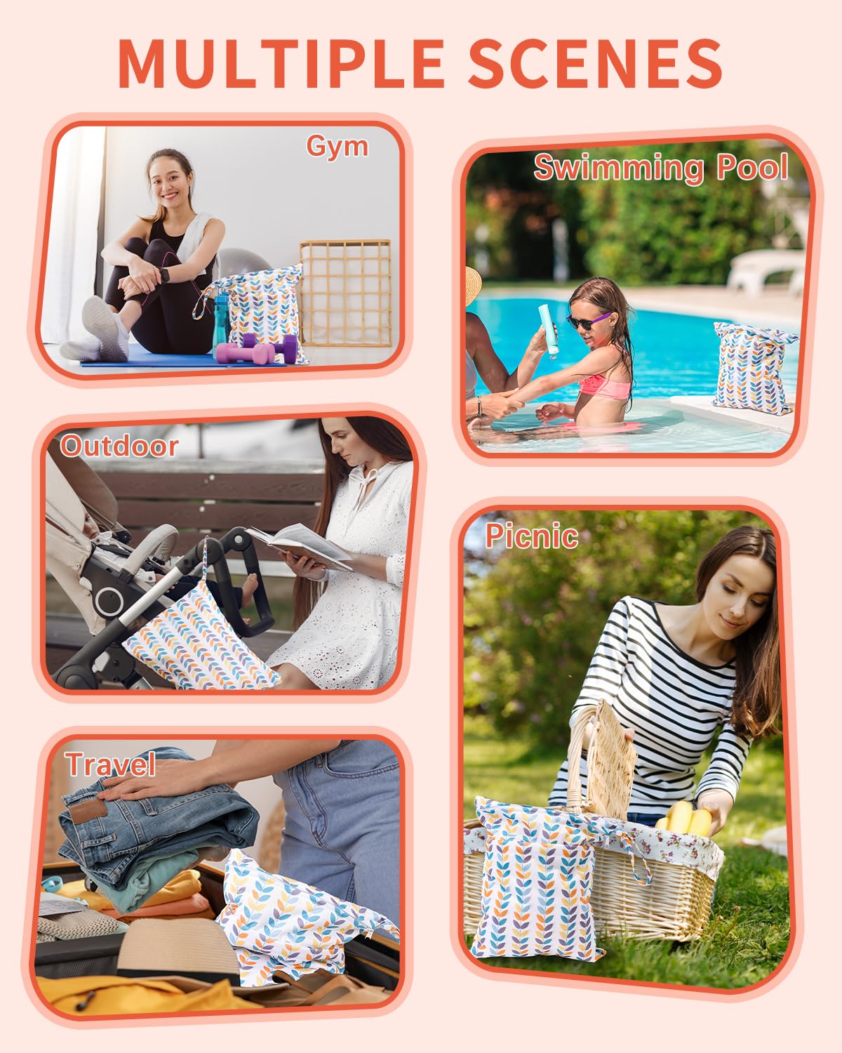 Wet Dry Bags 3 Pack, Waterproof Reusable Travel Bags for Swimsuits, Baby Cloth Diapers, Beach, Pool, Gym Bag & Wet Clothes with 2 Pockets L-BWG - Colors B
