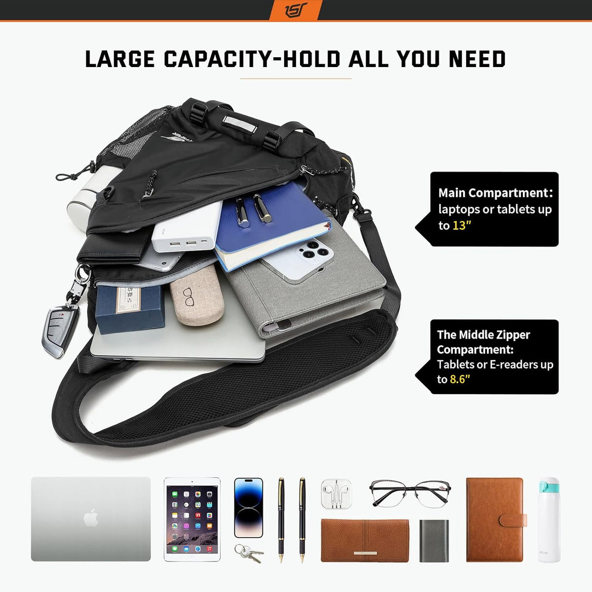 Sling Laptop Bag (Up to 13 Inch) - 18L Crossbody Sling Backpack Travel Shoulder Bag Hiking Daypack for Men Women(Black)