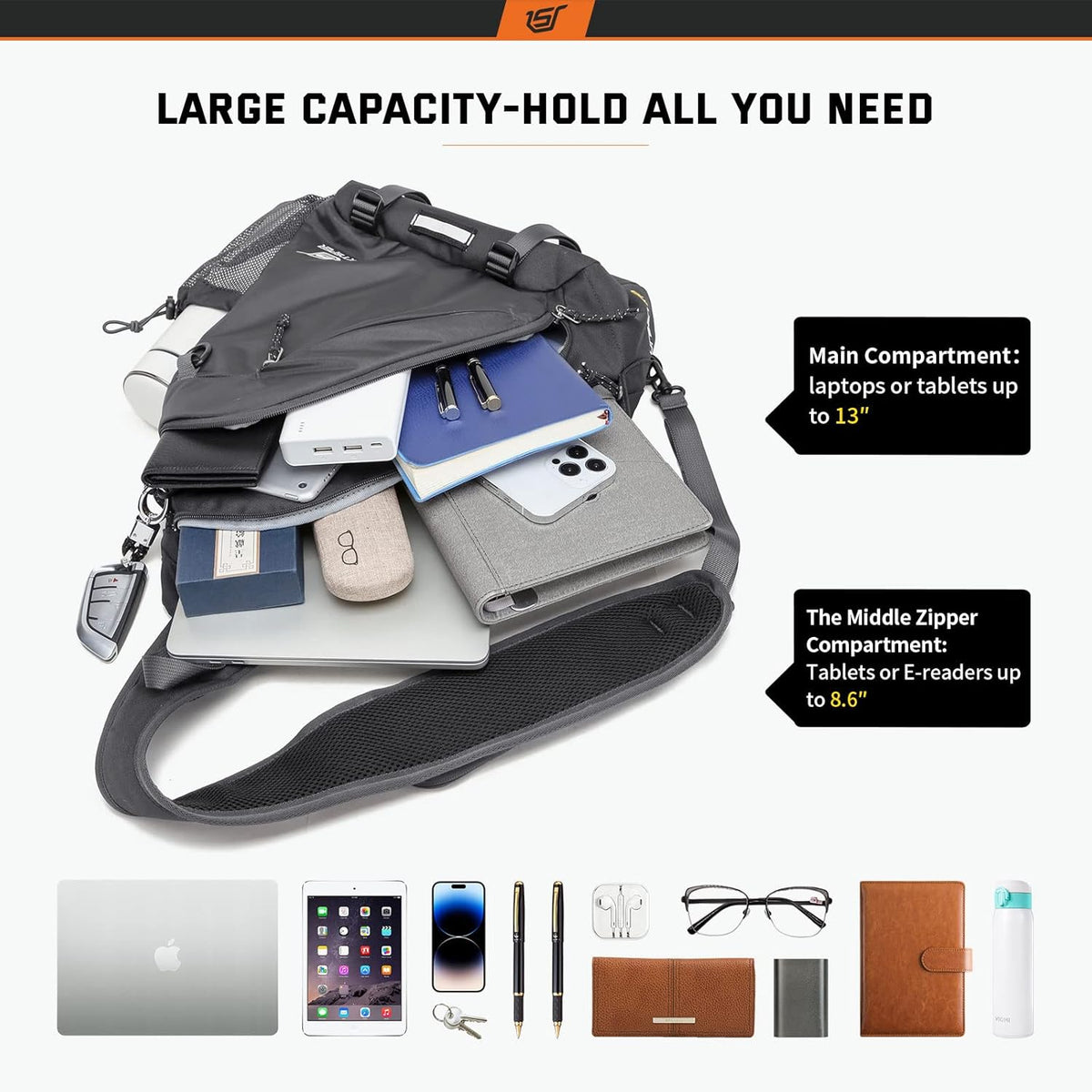 Sling Laptop Bag (Up to 13 Inch) - 18L Crossbody Sling Backpack Travel Shoulder Bag Hiking Daypack for Men Women(Black)